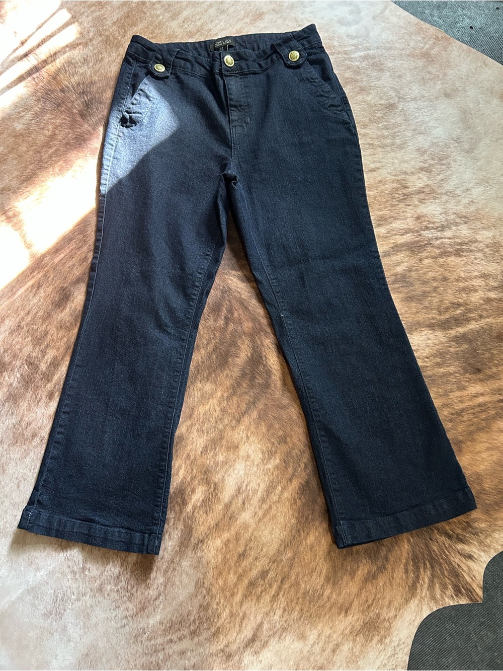 Rachel Zoe Dark Wash Cropped Sailor Kick Flare Jeans Gold Button 10 Old Money